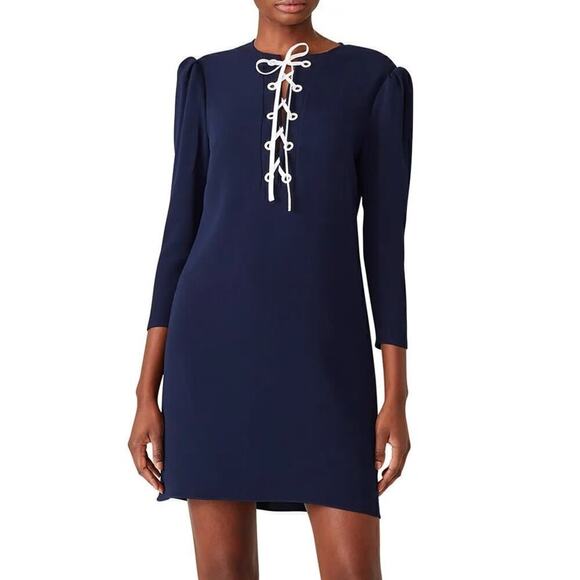 Shoshanna Nikko Dress Lace Up Front 3/4 Puff Sleeve Shift Mini Navy Blue 10 - Picture 1 of 9